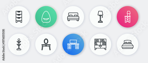 Set line Office desk, Furniture nightstand with lamp, Coat, Library bookshelf, Floor, Big bed, and Dressing table icon. Vector