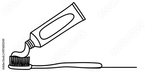 A simple black and white line drawing of a tube of toothpaste being squeezed onto a toothbrush. Vector, illustration