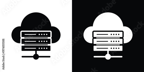 Vector icon of a server rack combined with a cloud symbol. Represents cloud computing, remote data storage, and network hosting services. Minimalist black and white design.