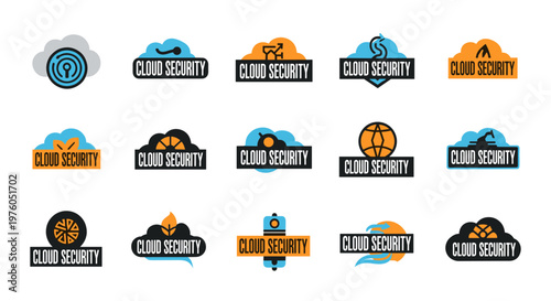 Collection of modern cloud security logos featuring diverse abstract symbols, lock icons, globes, and protective shields, rendered with clean lines, bold geometric shapes, and a
