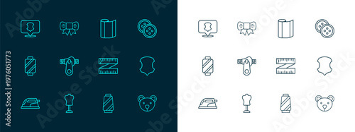 Set line Sewing button for clothes, Mannequin, Tape measure, thread spool, Zipper, Textile fabric roll, Leather and Gift bow icon. Vector