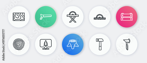 Set line Tree stump, Wooden box, rings, Hammer, Electric circular saw, axe and Location of the forest icon. Vector
