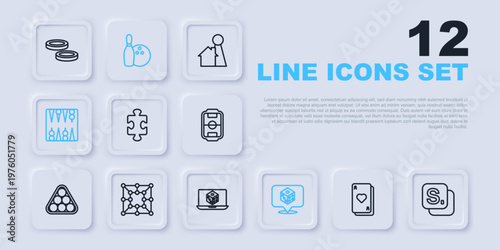 Set line Playing cards, Bingo, Puzzle pieces toy, Game dice, Backgammon board, Board game, Bowling pin and ball and icon. Vector