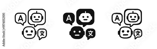 AI language translation icon set: Chatbot interpreting between human and multiple languages