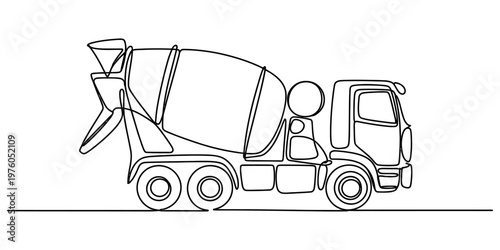 A single continuous line drawing of a cement truck on a flat surface isolated on white background Vector, illustration