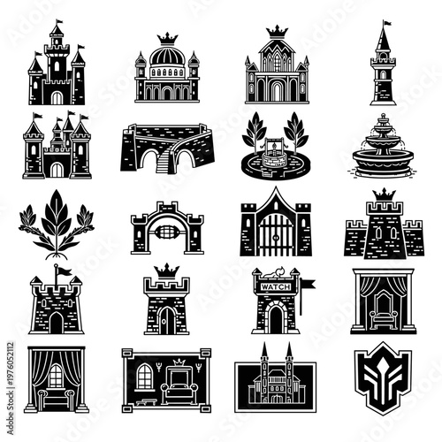 Collection of regal medieval castles, fortified towers, ornate bridges, and royal emblems, featuring clean black linework and scalable vector shapes for historical or fantasy