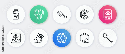 Set line Honeycomb, Book about bee, Type of, Bee and honeycomb, Beekeeping brush, dipper stick and icon. Vector