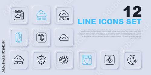 Set line Snowflake, Moon and stars, Celsius, Tornado, Thermometer, Solar energy panel, Cloud with rain and Eclipse of the sun icon. Vector