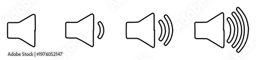 Minimalist speaker volume icons, black outline sound level symbols, 4 audio vector elements