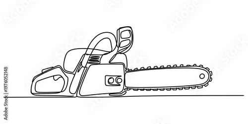 A detailed and simple line art drawing of a powerful chainsaw resting on a flat horizontal surface Vector, illustration