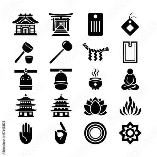 Collection of traditional japanese cultural symbols and religious icons featuring shinto shrine, torii gate, buddhist temple, lotus flower, meditation figure, incense burner,