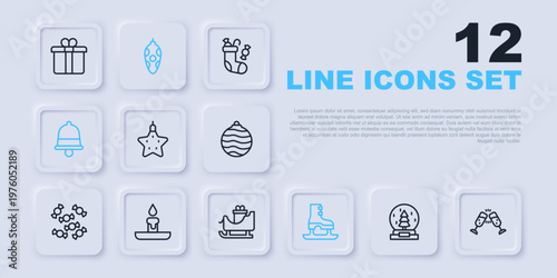Set line Christmas snow globe, Glass of champagne, star, Skates, ringing bell, Burning candle, toy and santa claus sleigh icon. Vector
