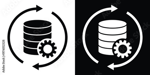 Icon of a database cylinder with a gear and circular arrows. Represents data automation, continuous integration, database migration, information processing, and system updates.