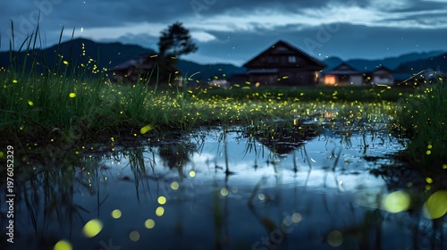 A night view of glowing fireflies flitting about in a rural rice paddy.