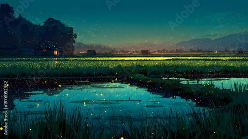 Night view of rice paddies in the countryside