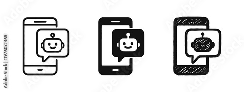 Mobile chatbot icon set: Smartphone virtual assistant, AI app support, and digital communication