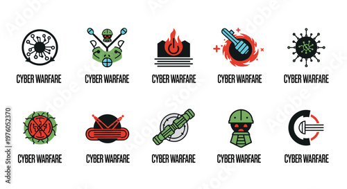 Digital conflict icons representing cyber warfare threats, featuring stylized viruses, military helmets, circuit boards, and weaponry, rendered with clean lines and bold red,