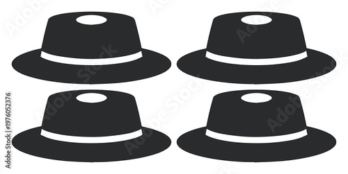 Vintage black boater hat icons, set of 4 flat vector illustrations, classic formal headwear with ribbon detail, elegant fashion accessories
