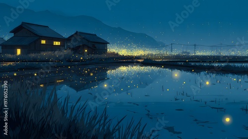 Night view of rice paddies in the countryside
