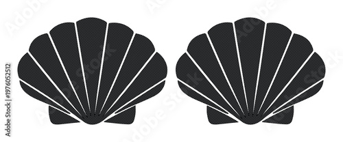 Minimalist seashell silhouette icons, black scallop shell vector set, nautical beach logo elements
