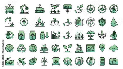 Agricultural Robotics Icon Set in Green Gradient Style. A collection of farming linear icons, including drone, harvester, sensor, corn, irrigation, plant, solar, automation, and more. Vector file.