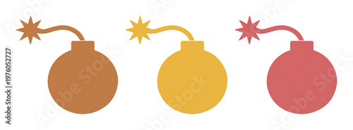 Retro cartoon bomb vector set, vintage explosive icons with lit fuses, flat style round cannonball bombs in brown yellow and red colors