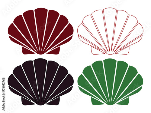 Scallop seashell vector icons, set of 4 sea shell silhouettes, minimalist marine life graphics