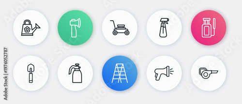 Set line Wooden staircase, Garden sprayer for water, trowel spade shovel, hose, Lawn mower, Leaf garden blower and icon. Vector