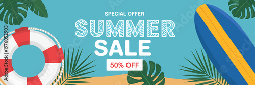 Summer sale advertisement with surfboard and lifebuoy