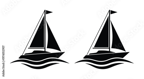 Sailing boat silhouette icons, black yacht vector set, nautical ship symbols on sea waves