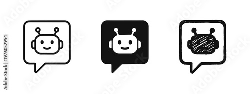 Chatbot speech bubble icon set: AI assistant, virtual helper, and conversational technology
