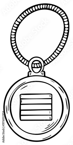 Hand-drawn ancient Chinese Coin pendant outline. Feng Shui, prosperity charm in black and white for wealth and fortune.