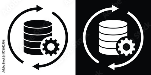 Icon of a database cylinder with a gear and circular arrows. Represents data automation, continuous integration, database migration, information processing, and system updates.