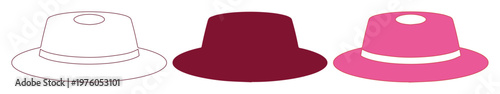 Boater hat vector set in pink and maroon, flat fashion headwear icons, summer sun hat illustrations for apparel design and retail branding