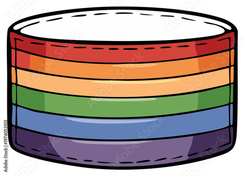 Round container illustration with bright rainbow stripes, storage bowl vector art, colorful lid