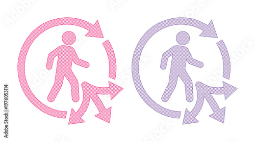 Human decision making icons, walking person with arrow paths, pink and purple vector graphics