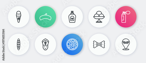 Set line Pizza, Perfume, French baguette bread, Macaroni, Ice cream in the bowl, Carnival mask and Pope icon. Vector