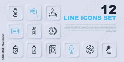 Set line Water drop, Rubber gloves, Antibacterial soap, Wine glass, Toilet, Bottle for detergent, paper roll and Washer icon. Vector