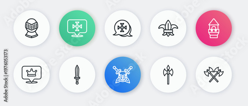 Set line Skull with sword, Castle tower, King crown, Medieval axe, Fleur de lys lily flower, Crusade, Crossed medieval axes and icon. Vector