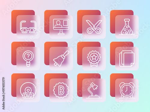 Set line Test tube, Exam paper with incorrect answers, Medal star, Table lamp, Ringing bell, Scissors, Glasses and Online class icon. Vector