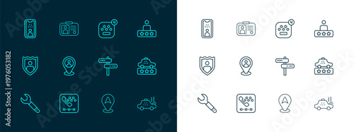 Set line Taxi service rating, call telephone, Road traffic sign, Location taxi car, client, mobile app, driver license and icon. Vector