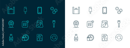 Set line Cookie or biscuit, Round the clock delivery, Online ordering meal, Restaurant cafe menu, Food, on mobile, food and Ice cream icon. Vector