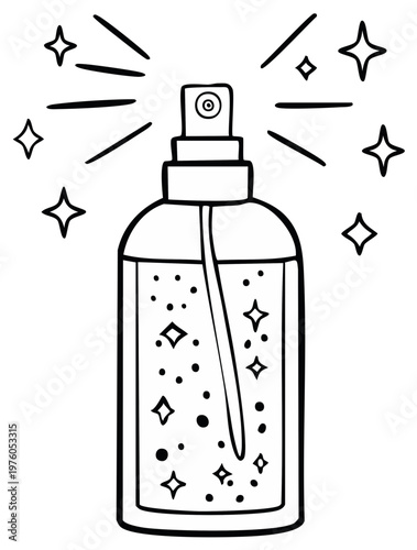 Sparkling Bottle with Spray Nozzle and Stars in Black and White Line Art