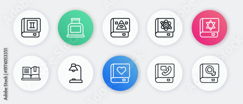 Set line Romance book, Jewish torah, Open, Phone, Book about physics, Ancient magic, women and Table lamp icon. Vector