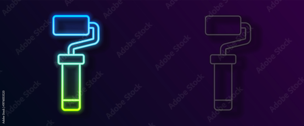 Naklejka premium Glowing neon line Paint roller brush icon isolated on black background. Vector