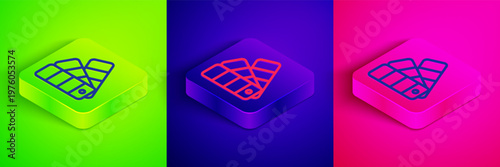 Isometric line Color palette guide icon isolated on green, blue and pink background. Square button. Vector