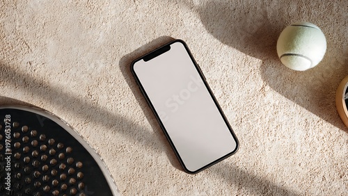 Smartphone mockup with blank screen on sandy texture padel court with racket and balls