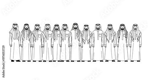 Group of Arab men in traditional attire standing together in a line.