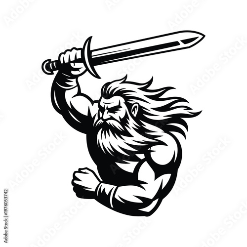 Muscular man with long hair and beard holding a sword up high in a powerful stance