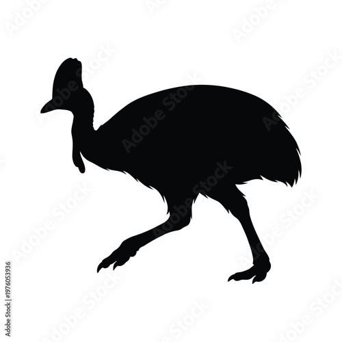 Black silhouette of a cassowary bird walking, isolated on a white background